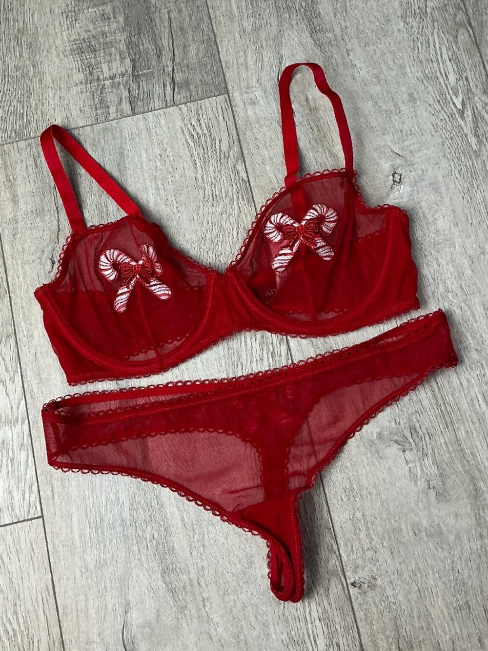 Adore Me Red Candy Cane Sheer Bra 34D and Thong Small Holiday Lingerie Set